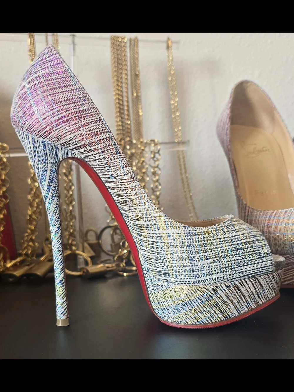 Christian Louboutin Laminated Suede Multicolor Peep-Toe Platform Pumps Sz 35